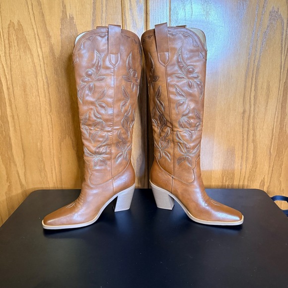 ISNOM Women's Sz 8.5 Brown Leather Western Cowboy Boots Block Heel Knee High - Picture 3 of 10